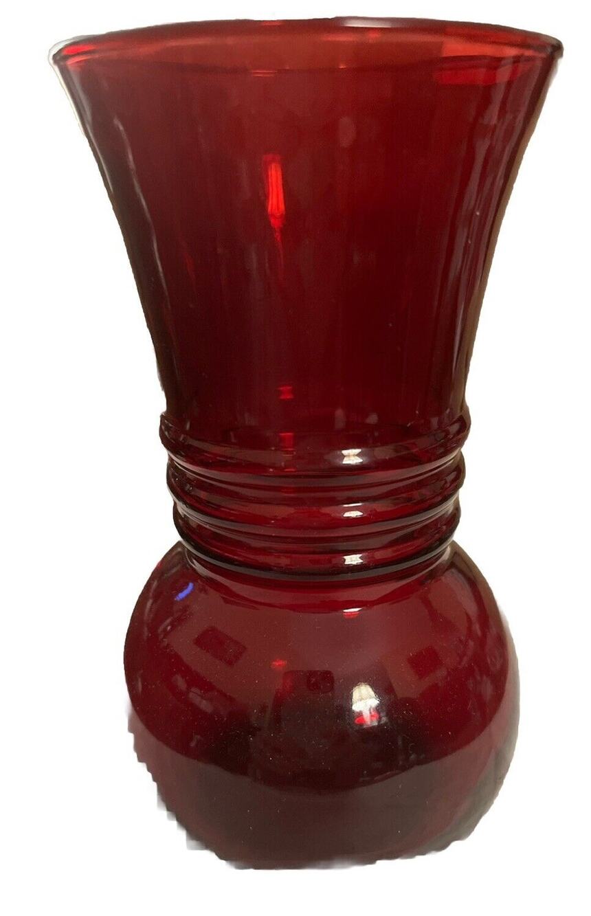 Vintage Anchor Hocking Glass Royal Ruby Red Vase with 3 Rings 6 1/4" T